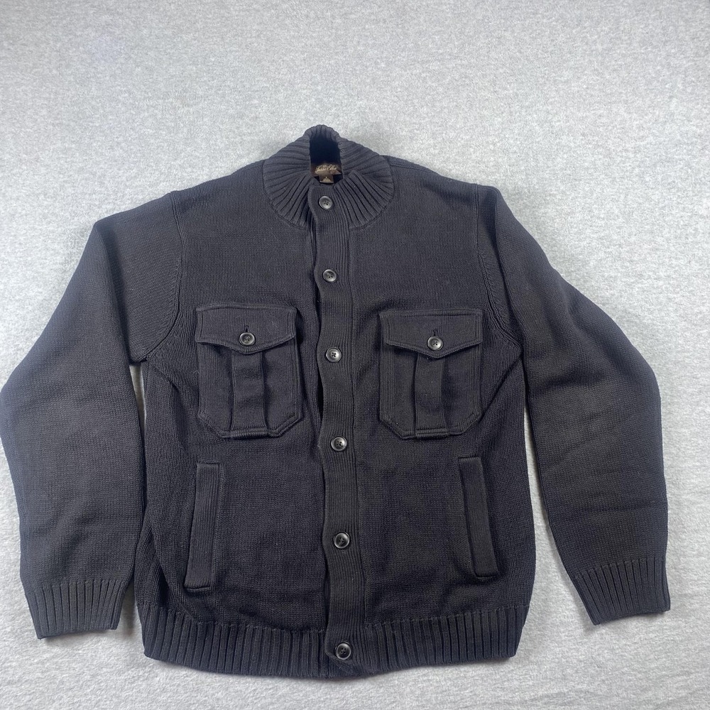 Tasso Elba Sweater Mens Small Black Button Front Cardigan Mock‎ Neck Pockets